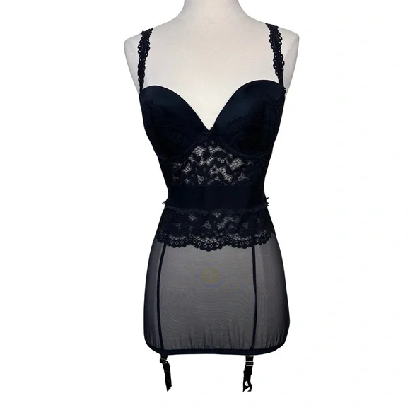 Victorias Secret 34D Black Lace Underwire Sexy Lingerie Teddy Garter Clip Dress - Picture 2 of 12